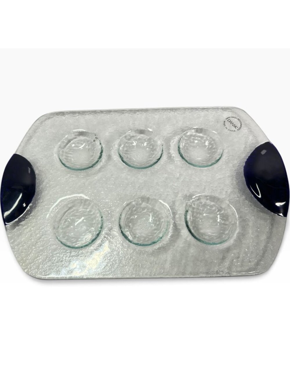 Dansk Glass Escargot Deviled Egg Platter Tray Dark Blue Handles Textured Clear